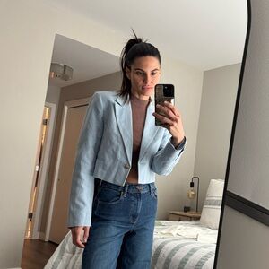 Zara Blue Linen Blend Crop Blazer